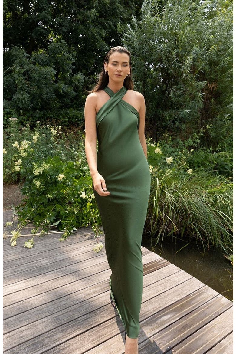 Roma Halter Neck Dress, Alternate, color, Olive Green