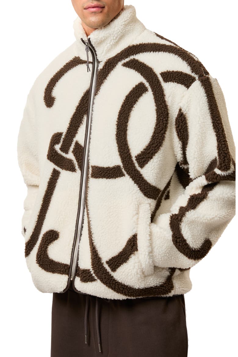 Kidd Logo Print High Pile Fleece Jacket, Main, color, WHITE/ BROWN