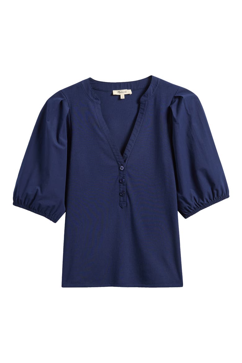 Puff-Sleeve Henley Knit Top, Alternate, color, MIDNIGHT NAVY