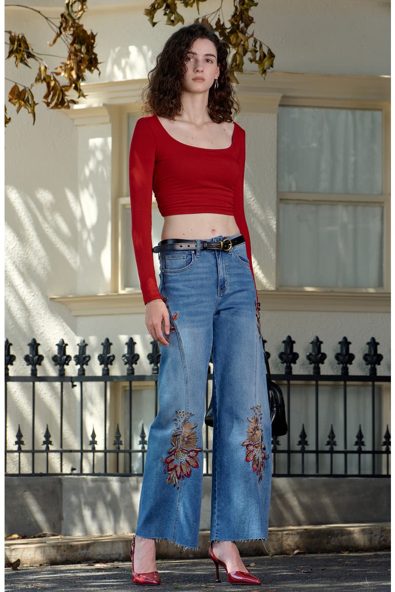 Floral Embroidered High Waist Wide Leg Jeans, Alternate, color, MEDIUM BLUE