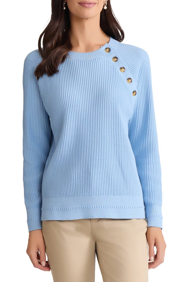 Button Shoulder Cotton Blend Sweater, Main, color, CHINTZ BLUE