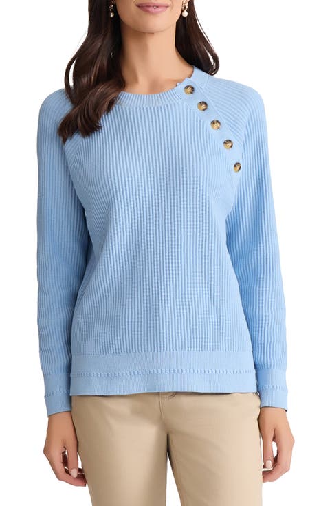 Button Shoulder Cotton Blend Sweater (Petite)
