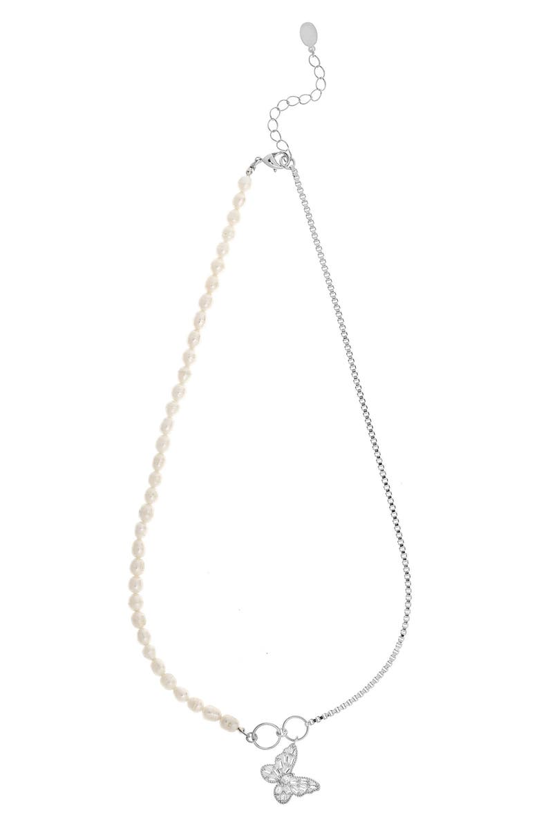 RIVKA FRIEDMAN Freshwater Pearl Chain & Cubic Zirconia Butterfly Charm Necklace, Main, color, 