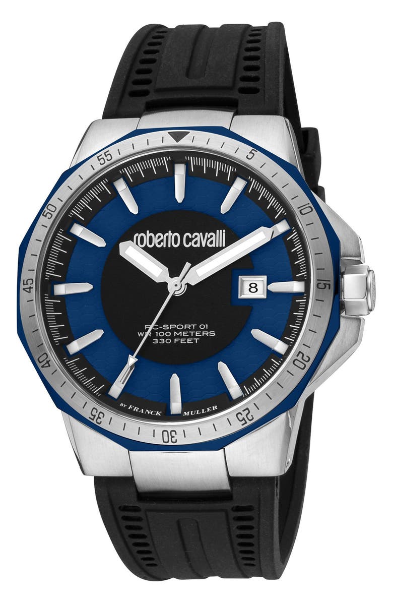 Roberto Cavalli by Franck Muller Rubber Strap Watch, 44mm, Main, color, Black