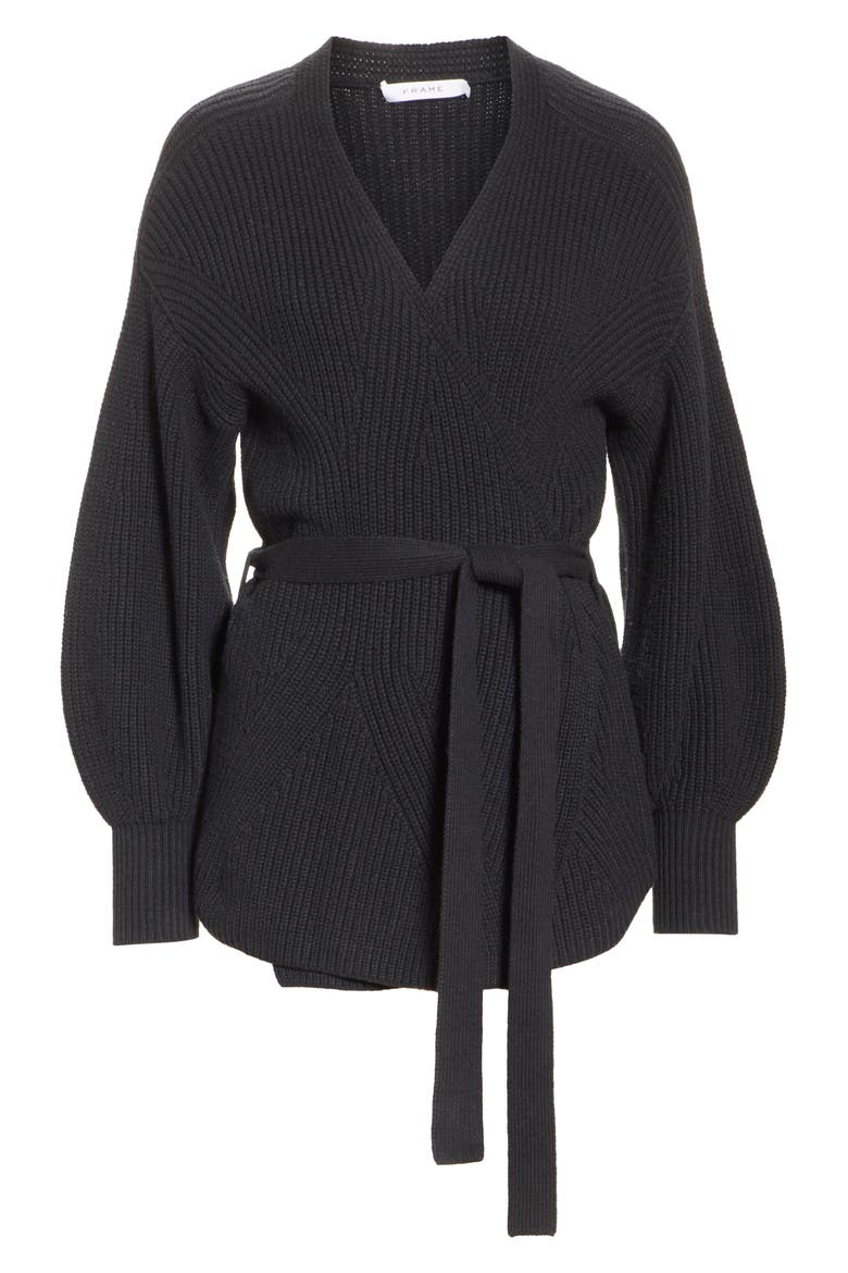 Puff Sleeve Belted Cardigan, Alternate, color, NOIR
