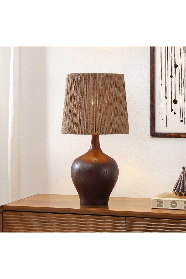 Eben Farmhouse Resin/Metal Gourd LED Table Lamp with Paper Rope Shade, Alternate, color, Dark Brown Wood Finish