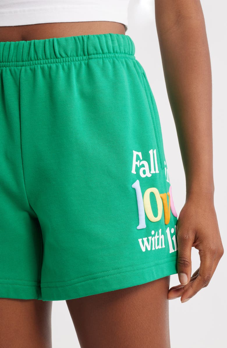 THE MAYFAIR GROUP Fall In Love With Life Cotton Blend Fleece Shorts, Alternate, color, Green