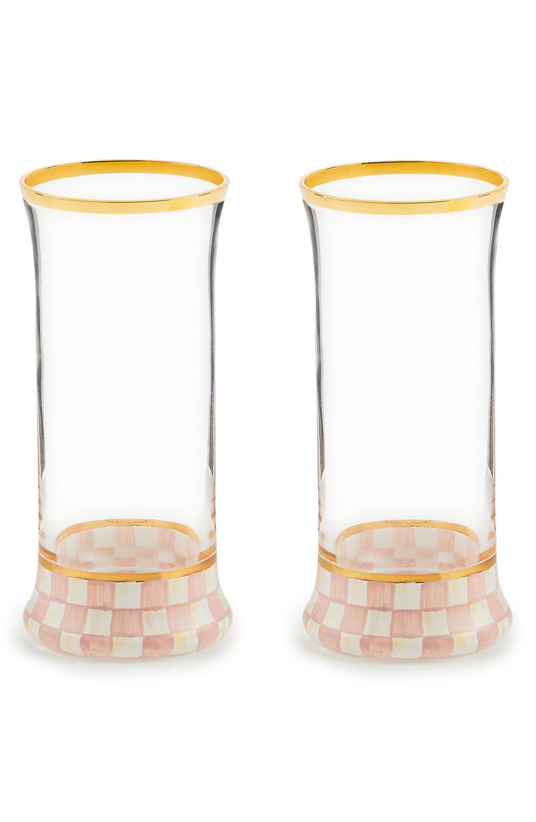 MACKENZIE CHILDS Rosy Check Set of 2 Highball Glasses, Main, color, Pink/ White