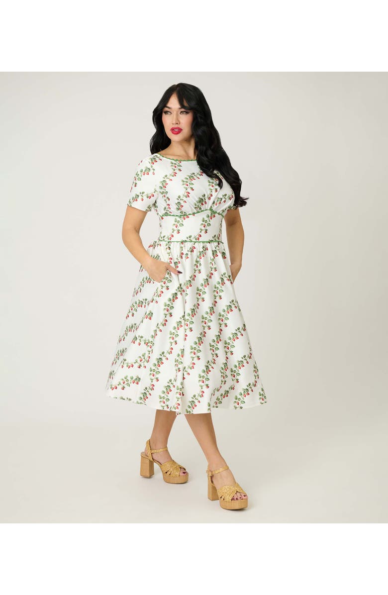 Unique Vintage Smocked Back Swing Dress, Main, color, White W/ Strawberry Print