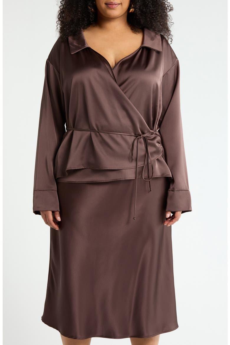 Faux Wrap Satin Top, Main, color, CHOCOLATE