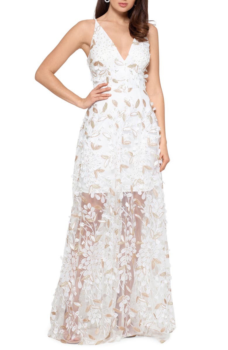 Xscape Evenings Xscape 3D Floral V-Neck Gown, Main, color, 