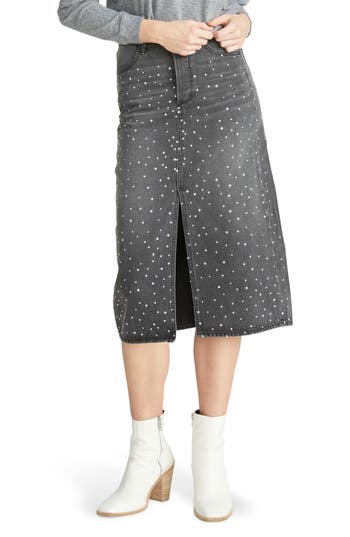 Driftwood Piper Crystal Denim Midi Skirt In Black