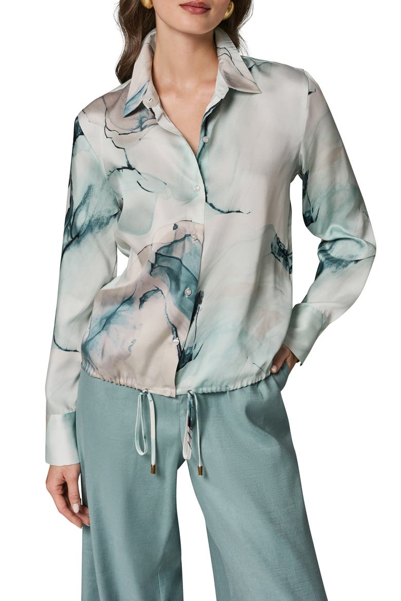 Printed Drawstring Hem Button-Up Shirt, Main, color, SKYLIGHT MULTI