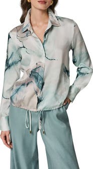 Donna Karan New York Printed Drawstring Hem Button-Up Shirt