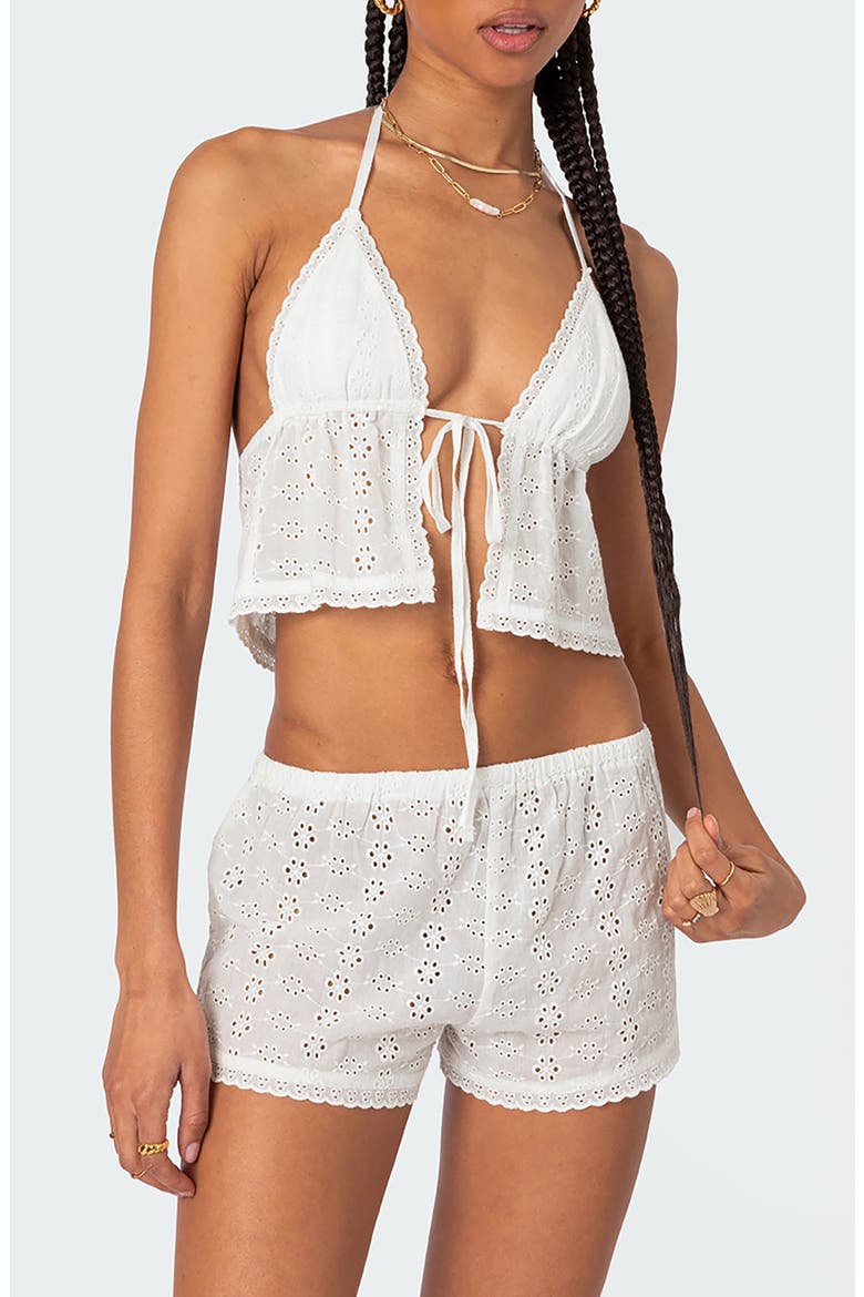 Eyelet Tie Front Crop Halter Top, Main, color, WHITE