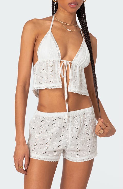 Eyelet Tie Front Crop Halter Top