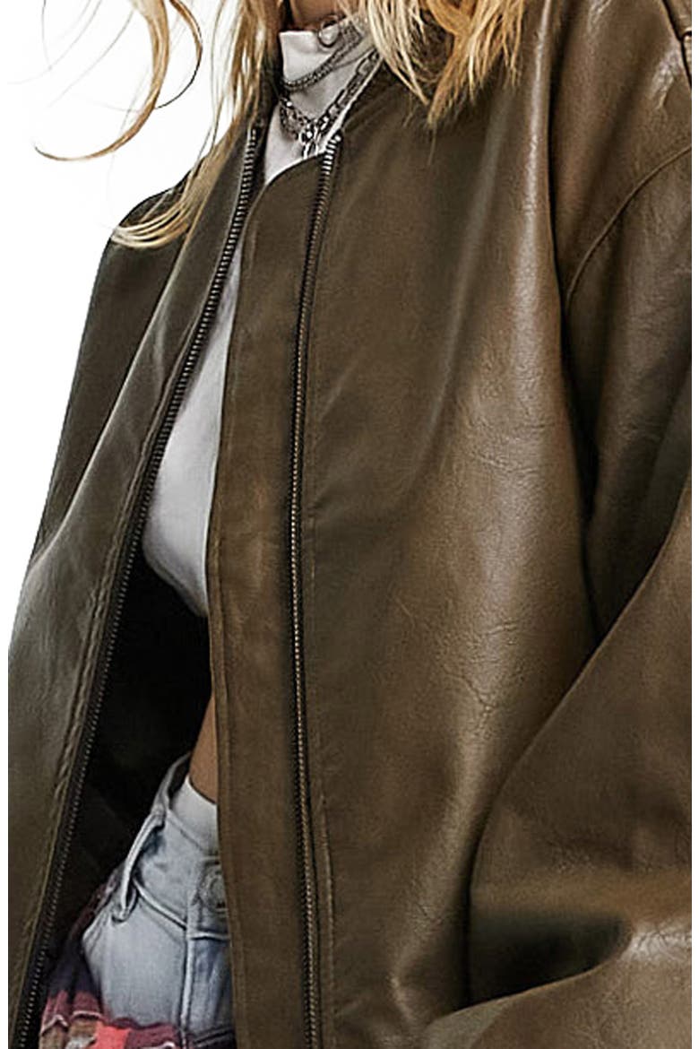 Oversize Washed Faux Leather Bomber Jacket, Alternate, color, BROWN