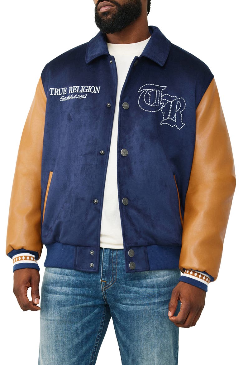 Serpent Bomber Jacket, Main, color, LAPIS BLUE / INCA GOLD