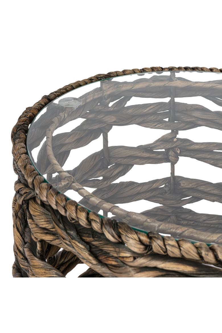 Malaya Bohemian Handwoven Round End Table with Glass Top, Fully Assembled Open Weave Accent Side Table, Alternate, color, Brown