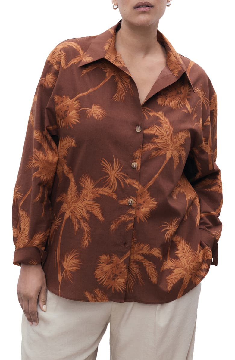 MANGO Palm Print Cotton Button-Up Shirt, Alternate, color, Brown