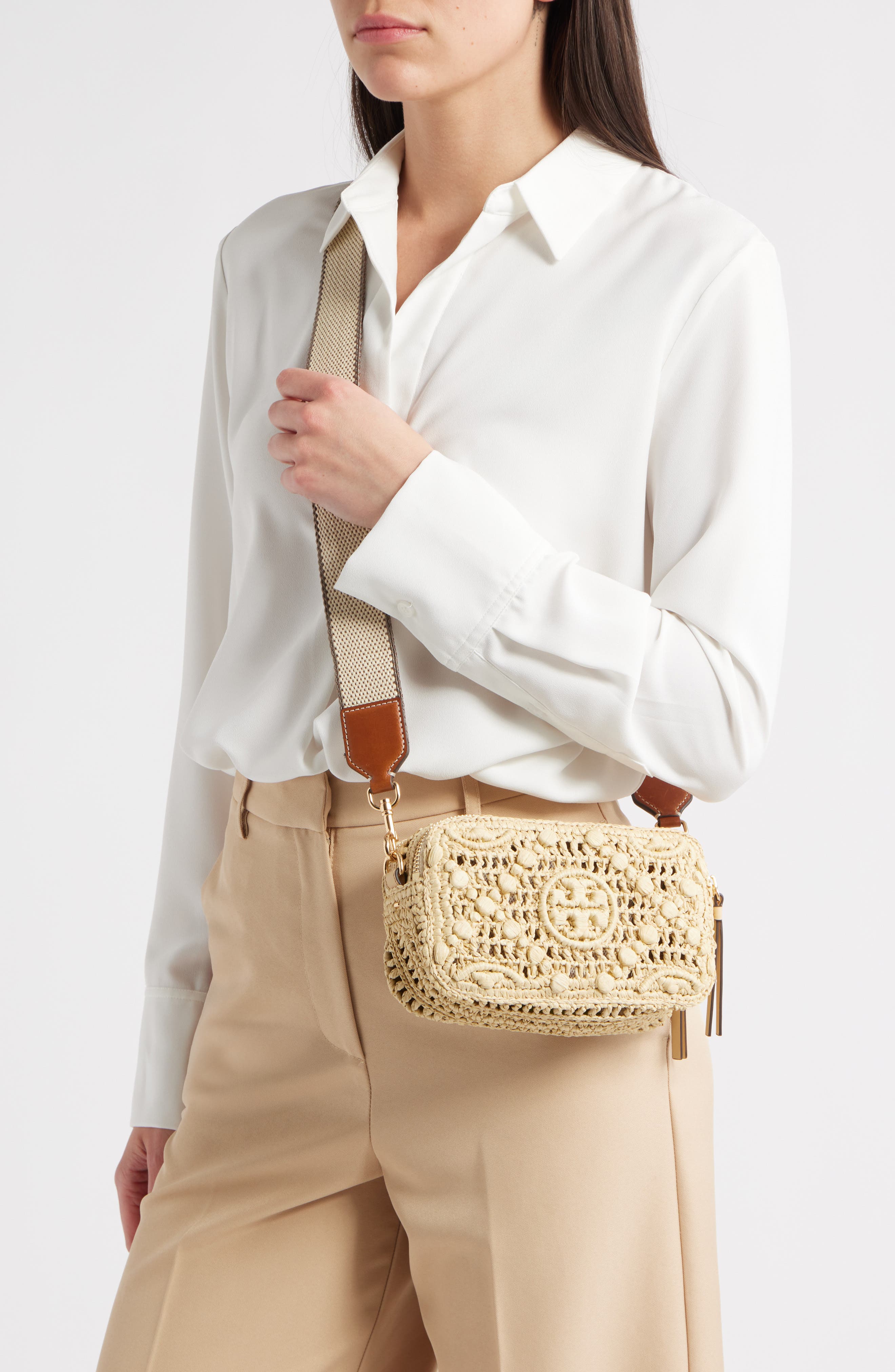 Tory Burch Mini Miller T Monogram Raffia Crossbody Bag, Alternate, color, Natural