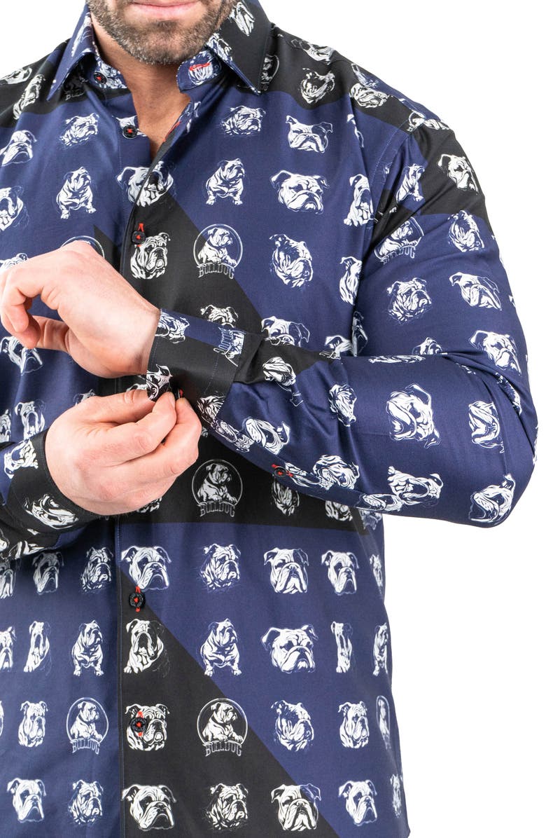 Maceoo Fibonacci Bulldog Print Contemporary Fit Button-Up Shirt, Alternate, color, Blue