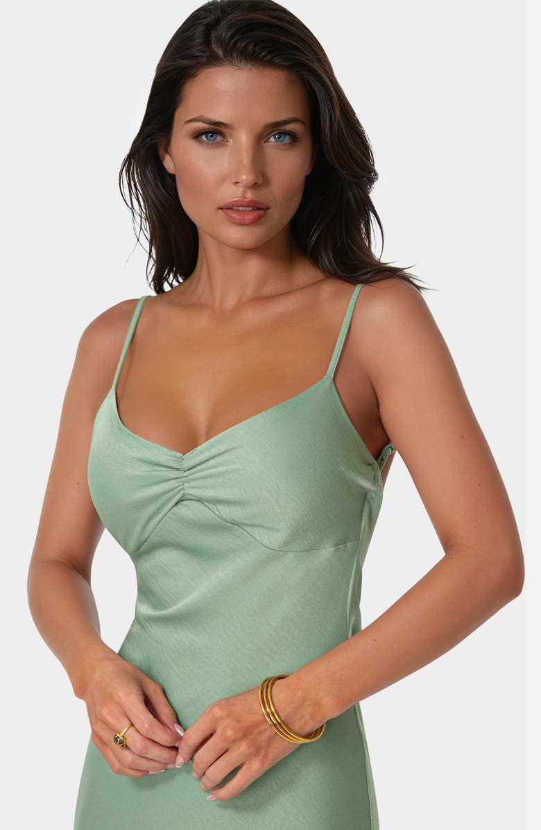 bebe Draped Back Crepe Maxi Slipdress, Alternate, color, Sage