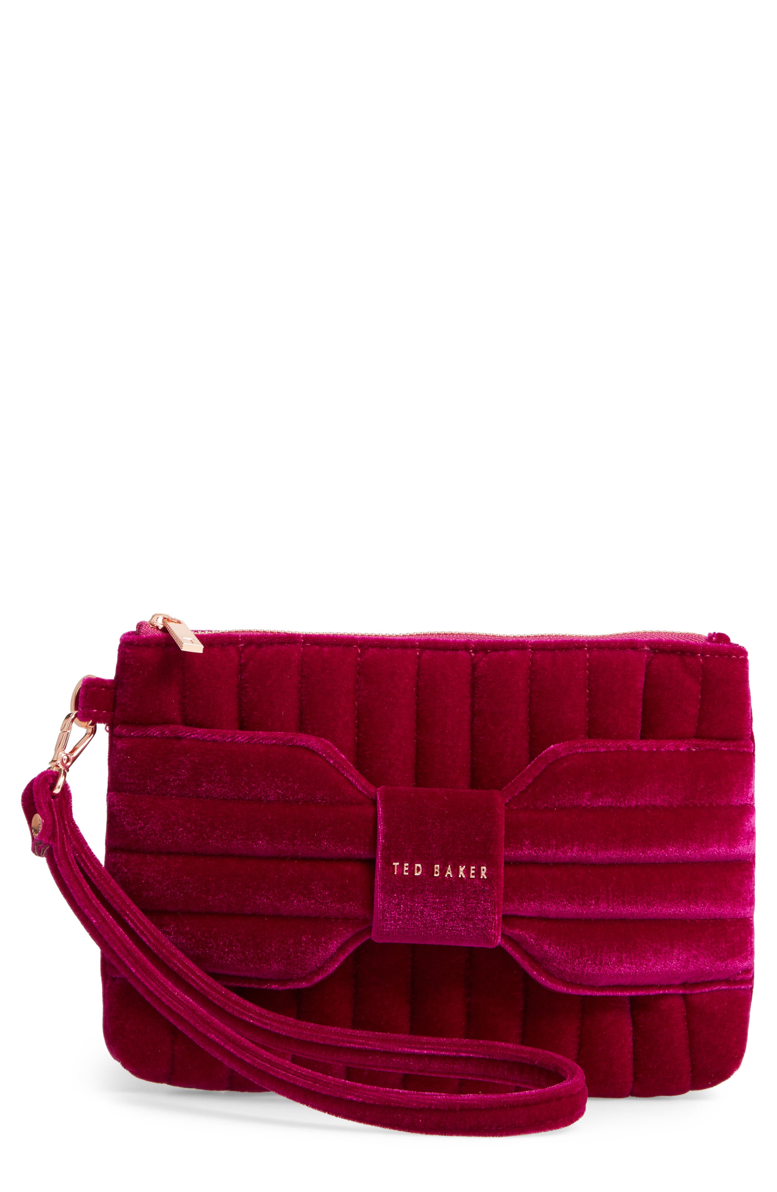Ted Baker London Junie Bow Quilted Velvet Wristlet, Main, color, 