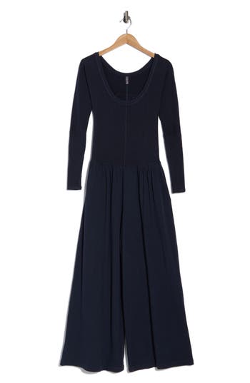 Free People Fp Movement Hot Shot Wide Leg Long Sleeve Jumpsuit In Blue