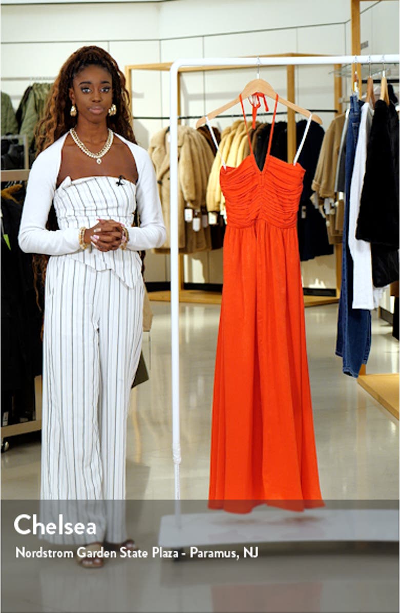 Ruched Halter Satin Maxi Dress, sales video thumbnail