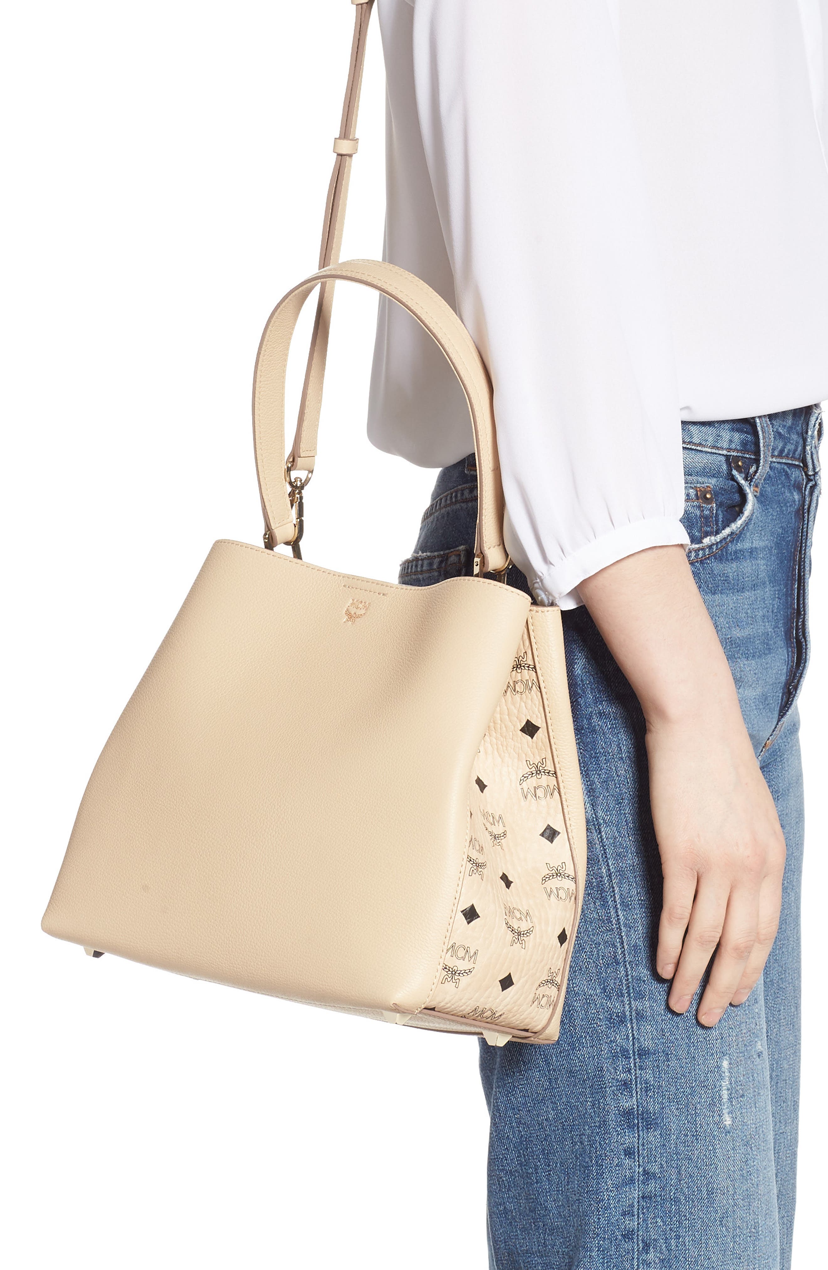 Sarah Leather & Visetos Canvas Hobo, Alternate, color, LATTE BEIGE