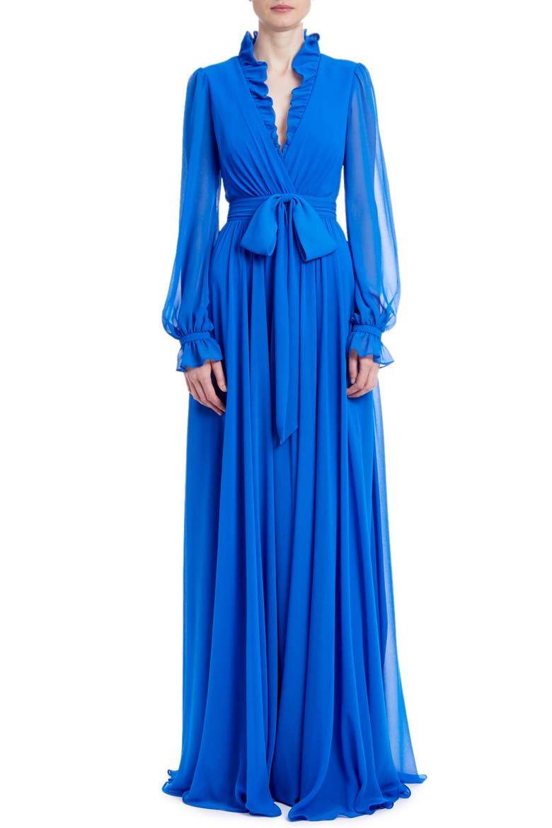 Ruffle Neck Long Sleeve Georgette Gown, Main, color, BLUE