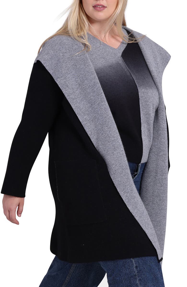 MINNIE ROSE Cashmere Hooded Coat, Alternate, color, Black/ Grey Shadow