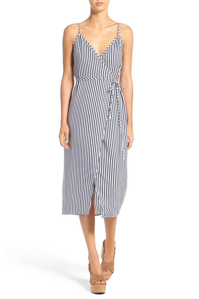 Wrap Midi Dress, Main, color, WHITE/ NAVY