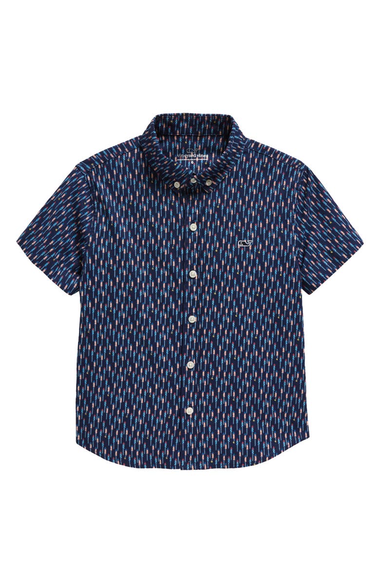 vineyard vines Kids' Firecracker Short Sleeve Stretch Cotton Button-Down Shirt, Main, color, 