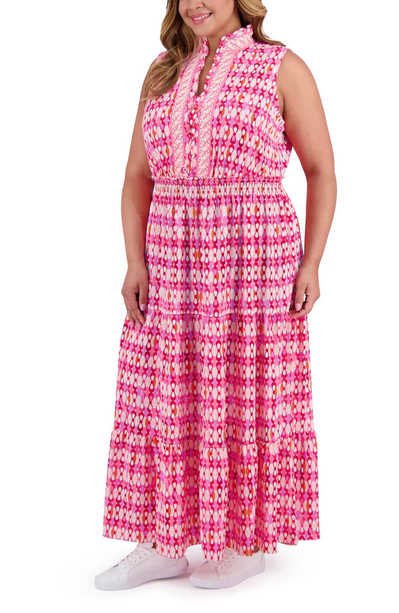 London Times Geometric Ruffle Neck Sleeveless Maxi Sundress, Alternate, color, Rose