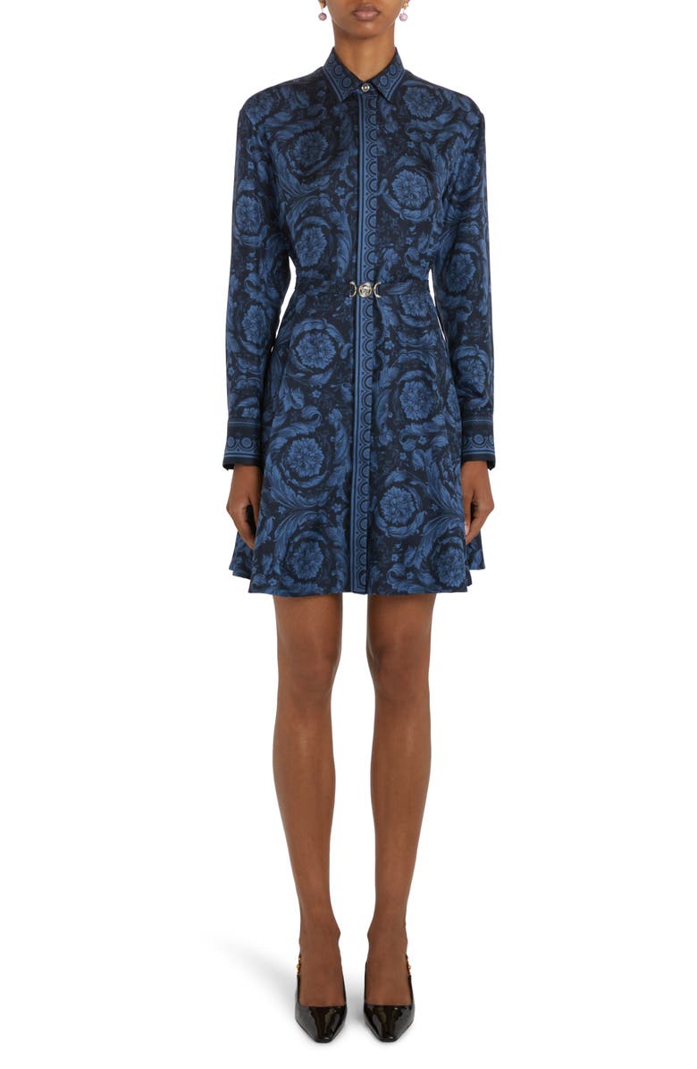 Versace Barocco Print Medusa Belted Long Sleeve Silk Shirtdress, Main, color, 