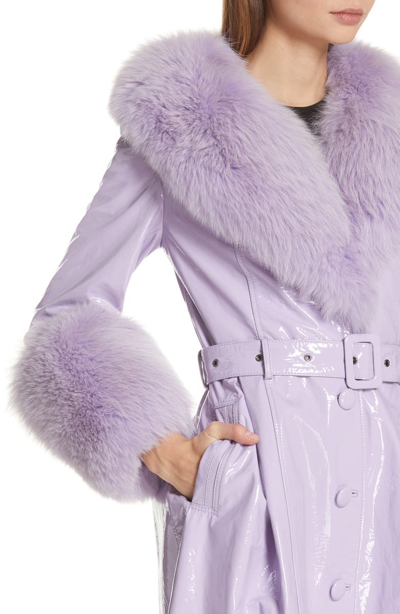 Saks Potts Patent Leather Coat with Genuine Fox Fur Trim, Alternate, color, 