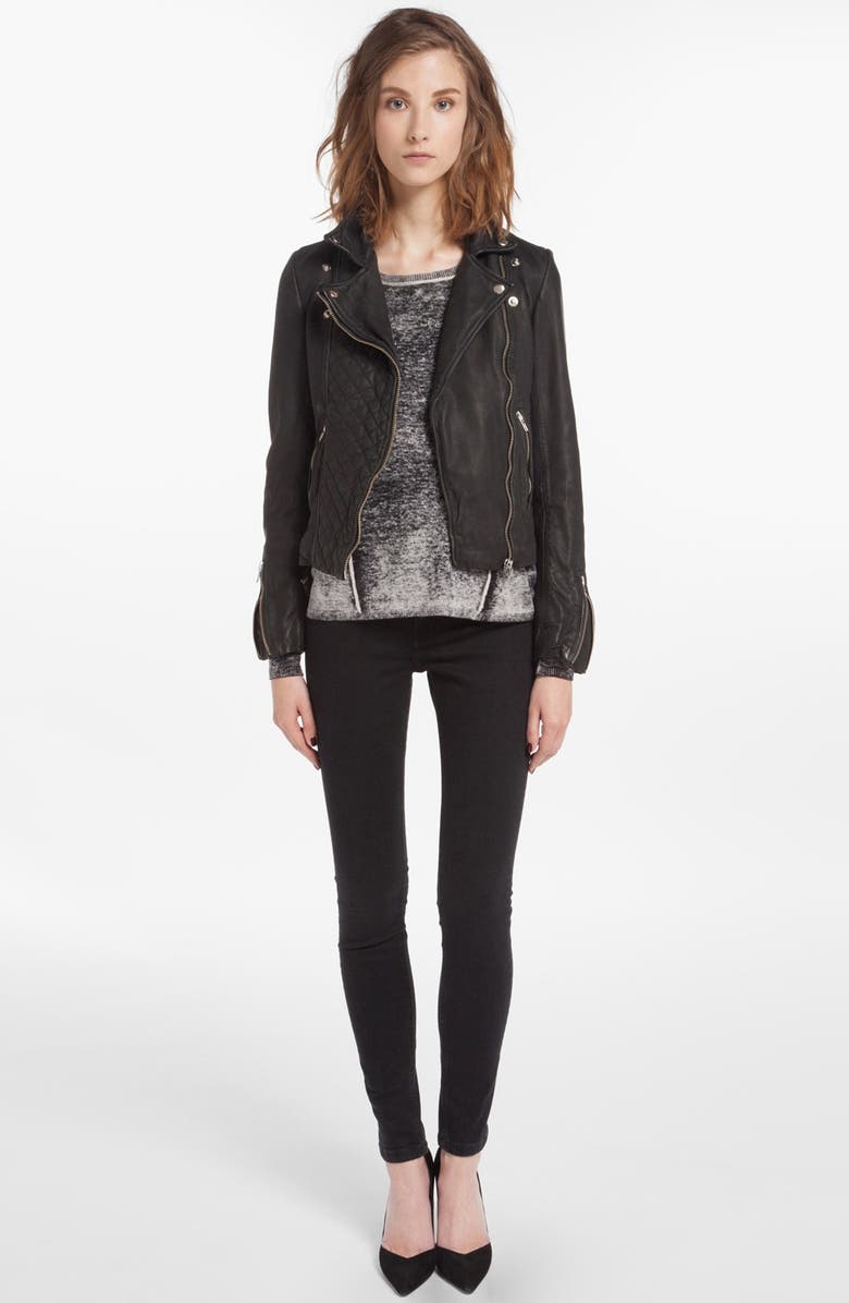 maje 'Dobbie' Quilted Front Leather Moto Jacket, Main, color, 