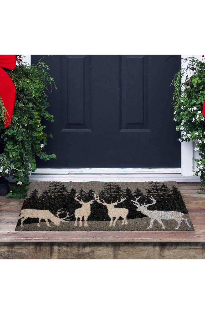 Northlight Natural Coir Rectangular Forest Reindeer Christmas Doormat 18" x 30", Alternate, color, Black