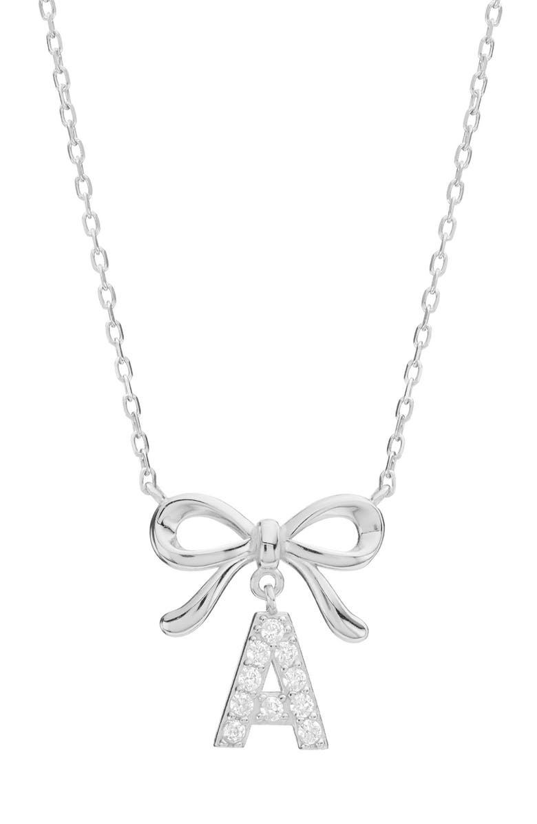 ATHRA LUXE Cubic Zirconia Bow Initial Pendant Necklace, Main, color, A Silver