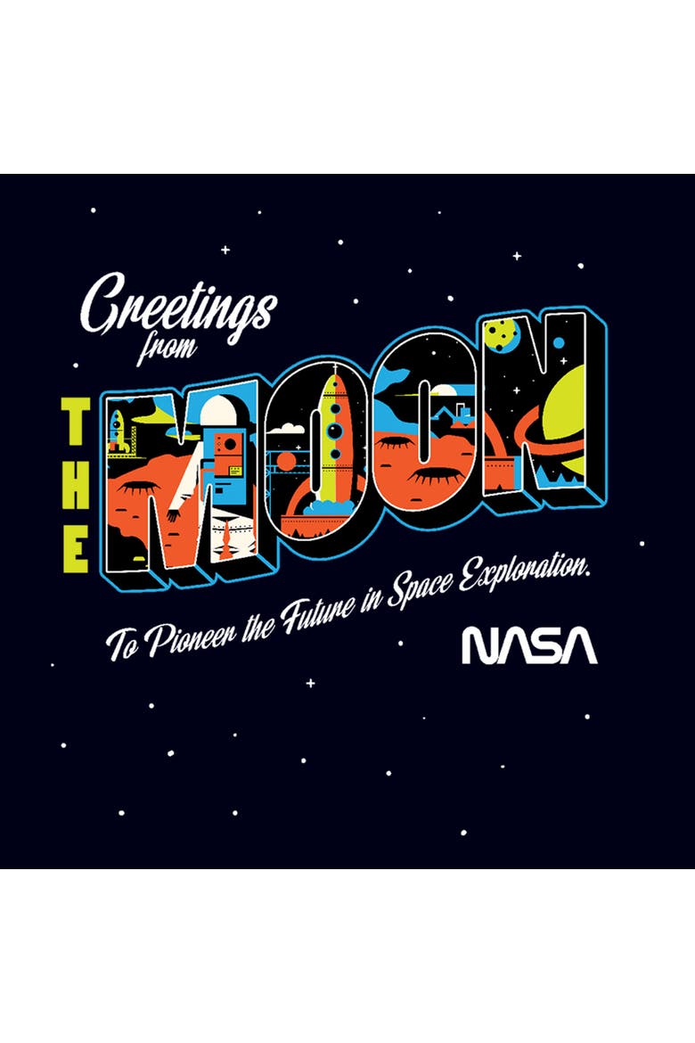 Junior's NASA Greetings from the Moon  Graphic T-Shirt, Alternate, color, Navy Blue