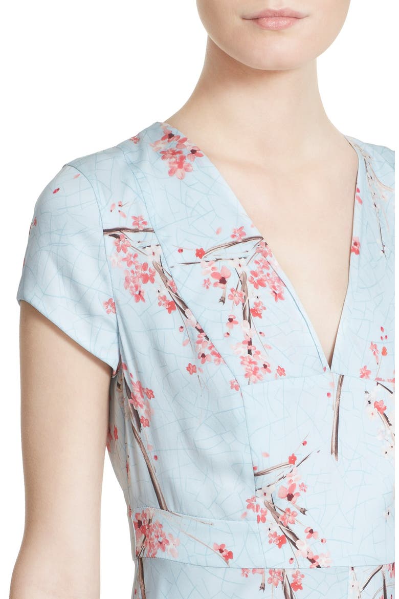Floral Print Silk Twill Midi Dress, Alternate, color, BLUE CHERRY BLOSSOM PRINT