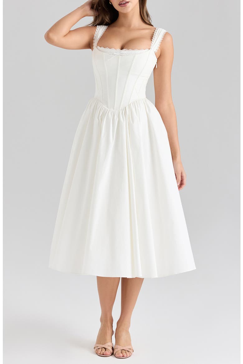 amara white stretch cotton corset midi dress Clothing: Midi dresses: 'Amara' White Stretch Cotton Corset Midi Dress