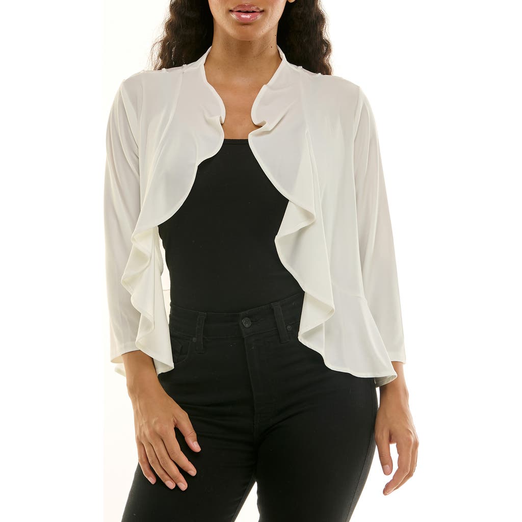 Nina Leonard Metallic Stripe Ruffle Trim Shrug In White