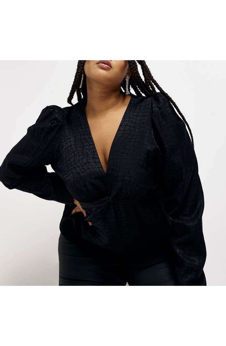 River Island Jacquard Twist Front Long Sleeve Blouse, Alternate, color,