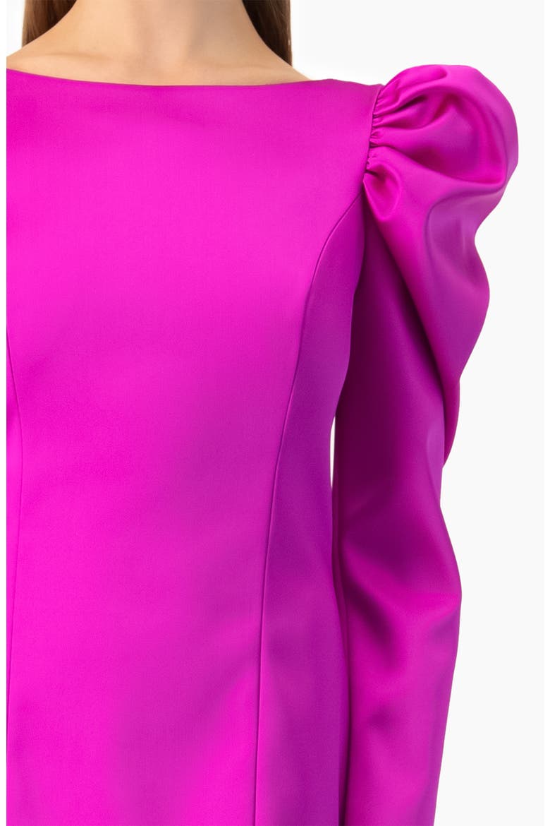 Puff-Sleeve Open-Back Bow Mini Dress in Satin, Alternate, color, Magenta