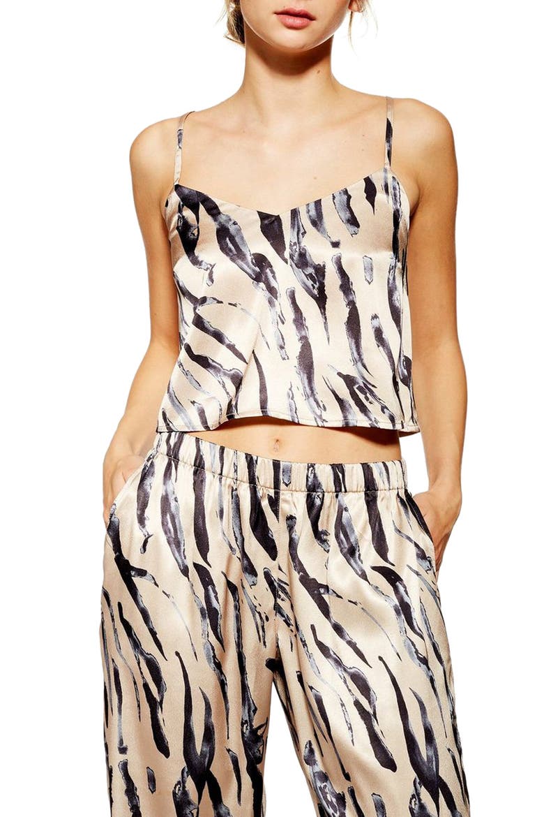 Tiger Satin Crop Pajama Camisole, Main, color, BROWN MULTI