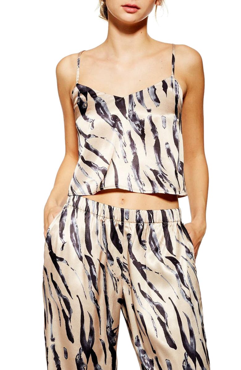 Topshop Tiger Satin Crop Pajama Camisole, Main, color,
