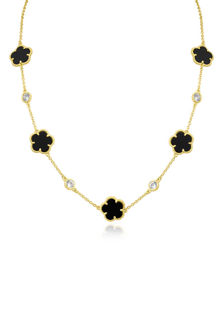 Cubic Zirconia & Black Clover Station Necklace, Main, color, BLACK/ GOLD